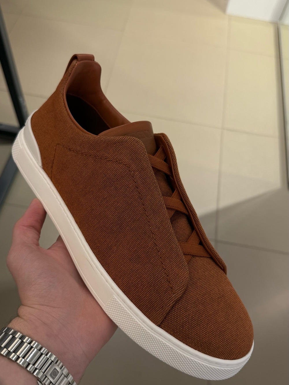 Zegna Triple Stitch Brown Canvas Slip-On Sneakers with White Sole